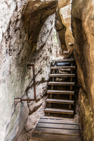 Stairs to the ruins of Saunstejn rock castle in the Czech Switzerland National Park, Czech Republicの写真素材