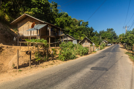 Road in a village near Luang Namtha, Laosの写真素材