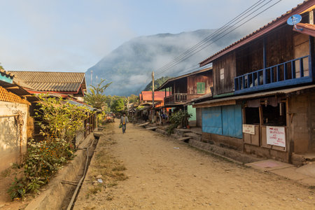 MUANG NGOI NEUA, LAOS - NOVEMBER 26, 2019: Street of Muang Ngoi Neua village, Laos.のeditorial素材