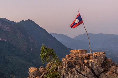 Laotian flag at Nong Khiaw viewpoint, Laosの写真素材