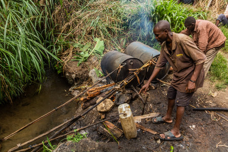 KIBUGA, UGANDA - MARCH 13, 2020: Rural banana alcohol distillery near Kibuga village in the crater...