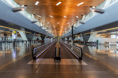 DOHA, QATAR - APRIL 4, 2020: Interior of Hamad International Airport in Doha, Qatar