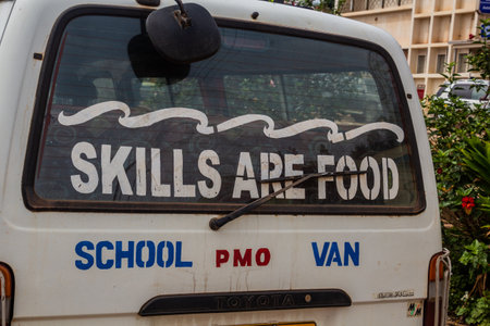 KABALE, UGANDA - MARCH 18, 2020: Skills are food school van in Kabale, Uganda