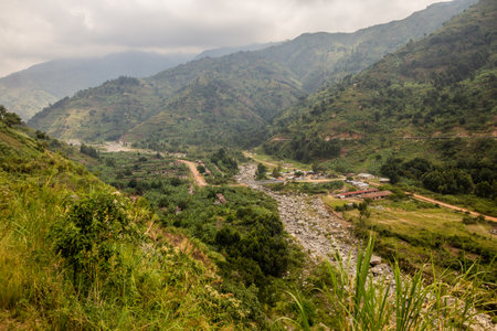 Aerial view of Kilembe village, Ugandaの写真素材