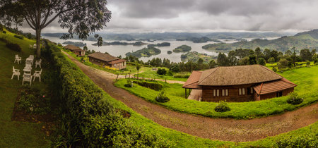 View of Bunyonyi lake from a resort, Ugandaの写真素材
