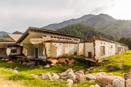 Houses in Kilembe village collapsed due to flooding, Ugandaの写真素材