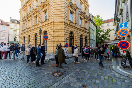 PRAGUE, CZECHIA - MAY 8, 2021: People are drinking outside in the streets of Prague due to Covid...