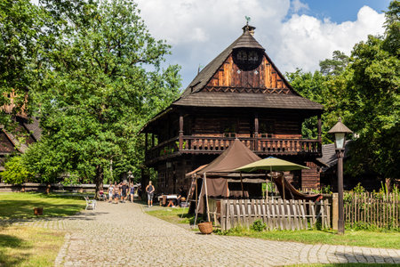 ROZNOV POD RADHOSTEM, CZECH REPUBLIC - JULY 15, 2021: Wooden house in the open air museum (Valasske muzeum v prirode) in Roznov pod Radhostem, Czechiaのeditorial素材