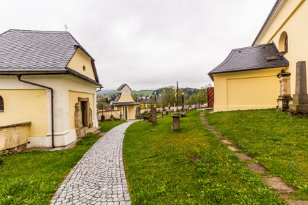 Cemetery of the Church of St. Bartholomew (Kostel svateho Bartolomeje) in Jablonne nad Orlici town, Czech Republicの写真素材