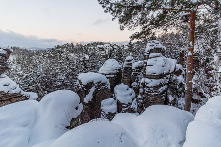Winter view of snow covered Prachovske skaly rocks in Cesky raj (Czech Paradise) region, Czech Republicの写真素材