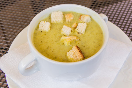Broccoli cream soup with croutonsの写真素材