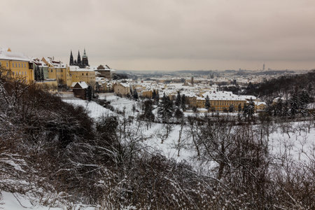 Winter aerial view of Prague castle and Mala strana (Lesser quartier) in Prague, Czech Republicの写真素材