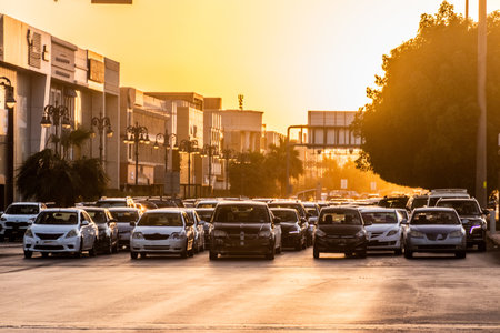 Road traffic in Riyadh during sunset, Saudi Arabiaのeditorial素材