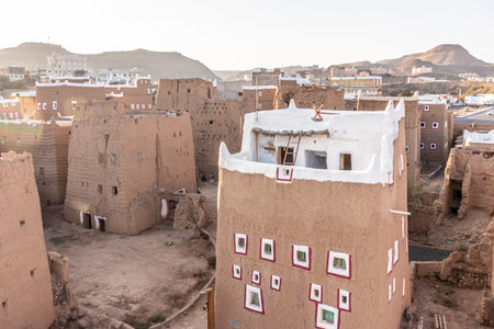 Traditional mud-brick houses in Dhahran al Janub, Saudi Arabiaの写真素材