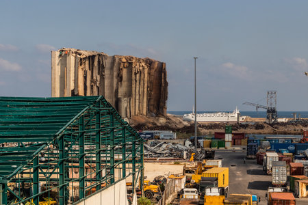 BEIRUT, LEBANON - AUGUST 1, 2022: View of Beirut port grain silos after their partial collapse on...