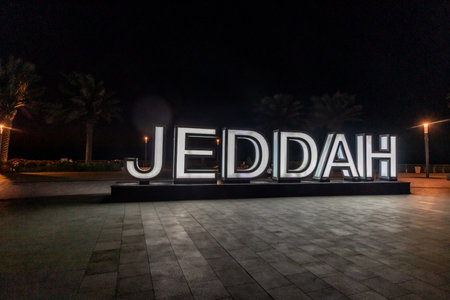 Letters JEDDAH on the corniche promenade in Jeddah, Saudi Arabiaの写真素材