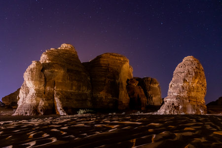 Night view of rock formations near Al Ula, Saudi Arabiaの写真素材