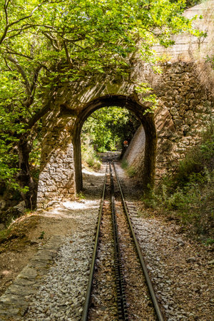 Narrow gauge cogwheel Odontotos railway in Vouraikos Gorge on Peloponnese peninsula, Greece.の写真素材