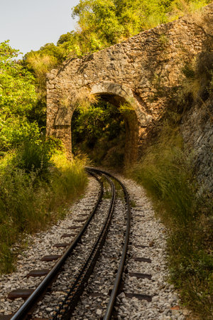 Narrow gauge cogwheel Odontotos railway in Vouraikos Gorge on Peloponnese peninsula, Greece.の写真素材