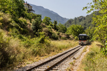 Train on the narrow gauge Odontotos railway in Vouraikos Gorge on Peloponnese peninsula, Greece.の写真素材