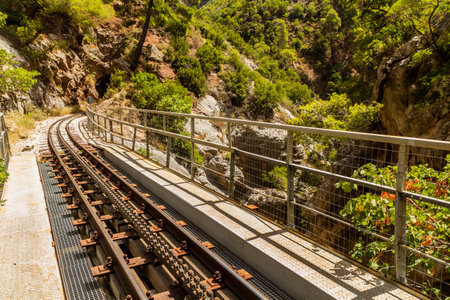 Narrow gauge cogwheel Odontotos railway in Vouraikos Gorge on Peloponnese peninsula, Greece.の写真素材