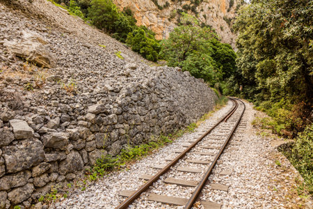 Narrow gauge Odontotos railway in Vouraikos Gorge on Peloponnese peninsula, Greece.の写真素材