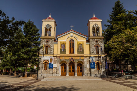 KALAVRYTA, GREECE - AUGUST 2, 2021: Church of the Dormition of the Virgin in Kalavryta on Peloponnese peninsula, Greece.のeditorial素材