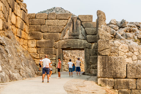 MYCENAE, GREECE - AUGUST 5, 2021: Lion Gate of Mycenae citadel on Peloponnese peninsula, Greeceのeditorial素材
