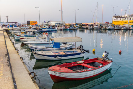 KILLINI, GREECE - AUGUST 9, 2021: Boats in the port of Killini on Peloponnese peninsula, Greeceのeditorial素材