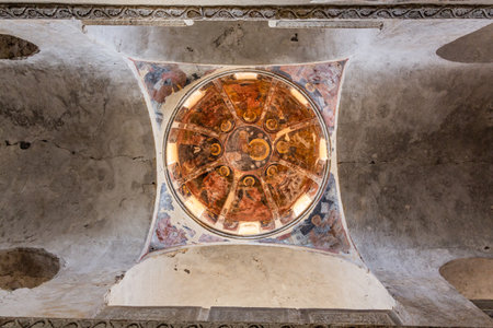 MYSTRAS, GREECE - AUGUST 11, 2021: Cupola of Metropolitan Church of Saint Demetrius in Mystras on Peloponnese peninsula, Greeceのeditorial素材