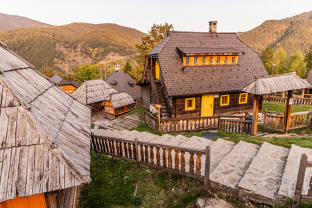 Wooden houses of Drvengrad (Kustendorf) settlement near Mokra Gora, Serbiaの写真素材