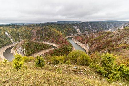 Autumn view of meandering Uvac river canyon, Serbiaの写真素材