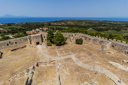 Aerial view of Chlemoutsi (Clermont) medieval castle on Peloponnese peninsula, Greeceの写真素材