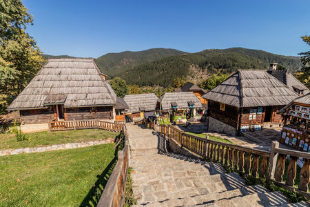 DRVENGRAD, SERBIA - OCTOBER 5, 2021: Wooden houses of Drvengrad (Kustendorf) settlement near Mokra Gora, Serbiaのeditorial素材
