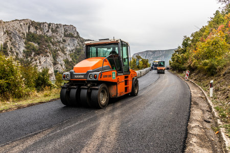 DERDAP, SERBIA - OCTOBER 10, 2021: Road 34  in Iron Gates gorge being renovated, Serbiaのeditorial素材