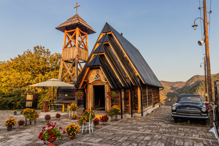 DRVENGRAD, SERBIA - OCTOBER 5, 2021: Wooden Church of Saint Sava in Drvengrad (Kustendorf) settlement near Mokra Gora, Serbiaのeditorial素材