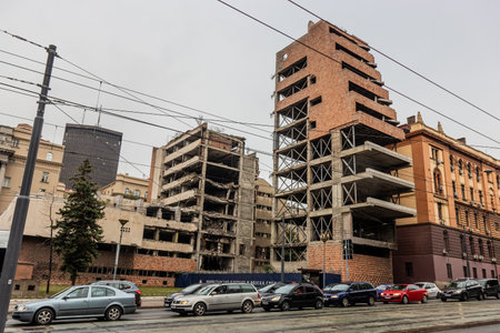 BELGRADE, SERBIA - OCTOBER 8, 2021: Former building of the Yugoslav Ministry of Defense and the General Staff in Belgrade, Serbia. The building was damaged during the bombing by NATO troops.のeditorial素材