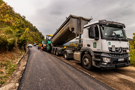 DERDAP, SERBIA - OCTOBER 10, 2021: Road 34 being renovated in Iron Gates gorge, Serbiaのeditorial素材
