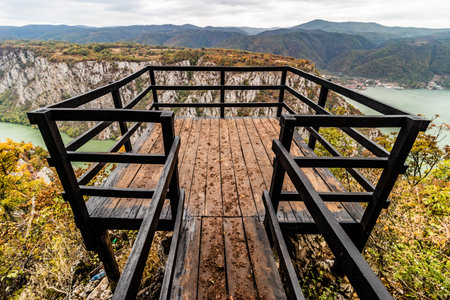 Ploce observation platform in Derdap National Park, Serbia. Built over Iron Gates gorge of Danube river.の写真素材