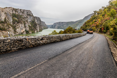 Road 34  in Iron Gates gorge being renovated, Serbiaの写真素材