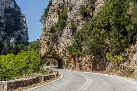 Rock tunnel at Road 82 in Taygetus mountains on Peloponnese peninsula, Greeceの写真素材