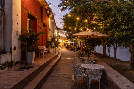 Night view of riverside restaurants in Santa Cruz de Mompox, Colombiaの写真素材