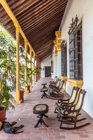 Porch of a colonial house in Santa Cruz de Mompox, Colombiaの写真素材