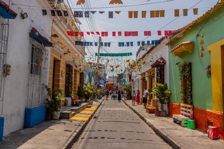 CARTAGENA, COLOMBIA - MARCH 5, 2023: Street in Getsemani neighborhood of Cartagena de Indias, Colombiaのeditorial素材