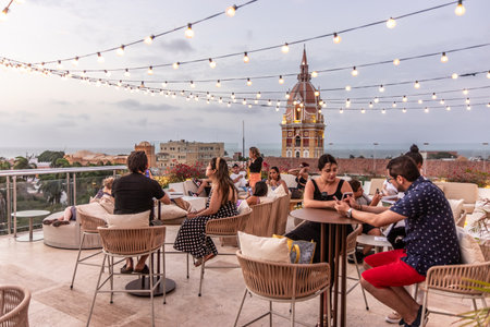 CARTAGENA, COLOMBIA - MARCH 5, 2023: Rooftop terrace of Movich hotel in the old town of Cartagena de Indias, Colombiaのeditorial素材