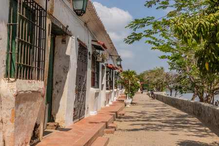 Riverside street in Santa Cruz de Mompox, Colombiaの写真素材