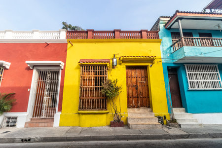 Colorful houses in Getsemani neighborhood of Cartagena de Indias, Colombiaの写真素材