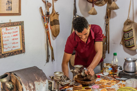 MINCA, COLOMBIA - FEBRUARY 26, 2023: Chocolate manufacturing workshop at coffee and chocolate farm Candelaria (El paraiso de Tuki) near Minca, Colombiaのeditorial素材