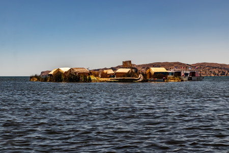 Uros floating island made of reed on Titicaca lake, Peruの写真素材