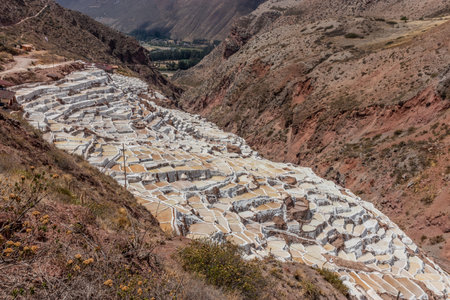 Local people work at Maras salt mines in the Sacred Valley of Incas, Peruの写真素材